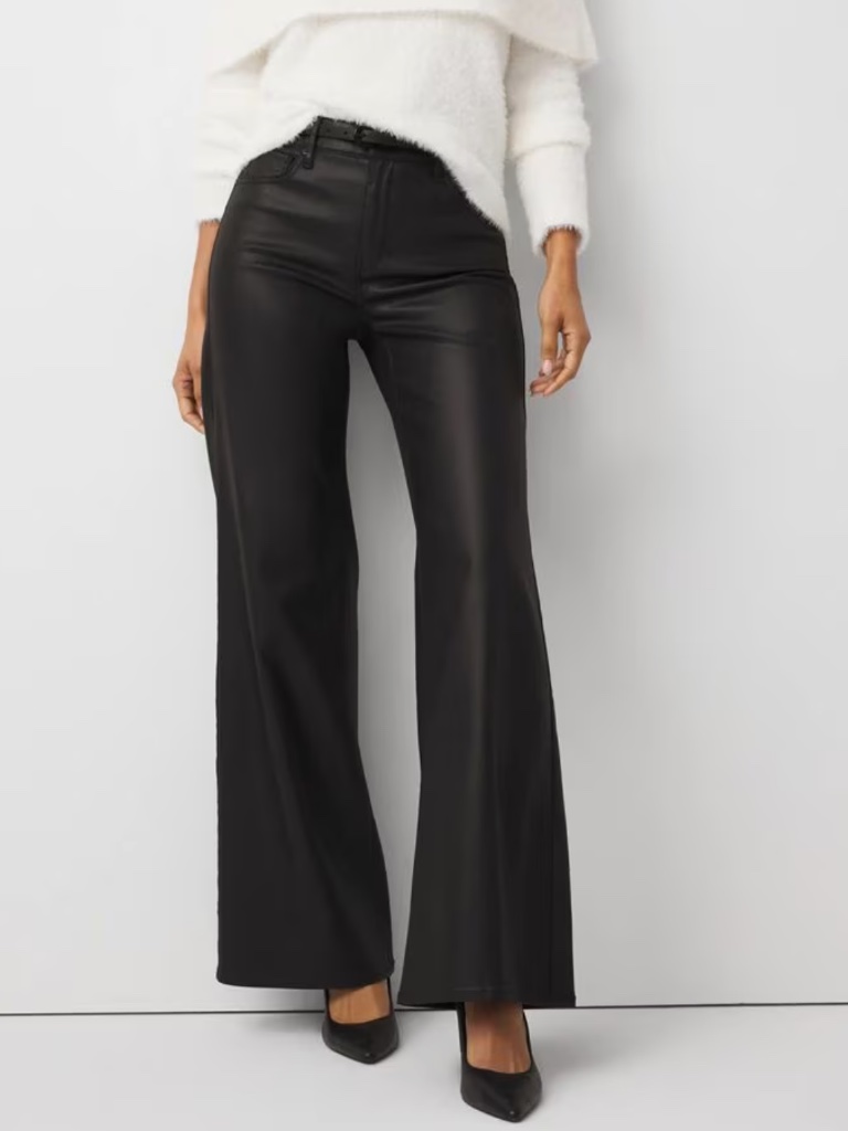 Whbm High Rise Slim Boot Coated Wide Leg Jean Trouser Size 14 Black Shinny $140